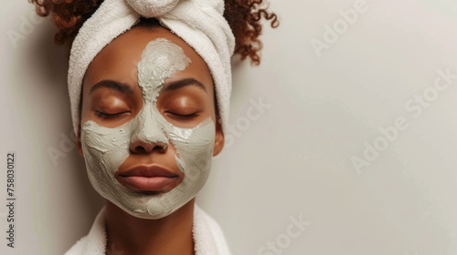 woman with a clay facial mask applied to her face, her eyes closed, and her hair wrapped in a towel, likely enjoying a relaxing beauty treatment.