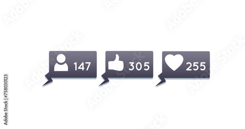 Digital image of follower, like and heart icons and numbers  increasing inside grey chat boxes on a 