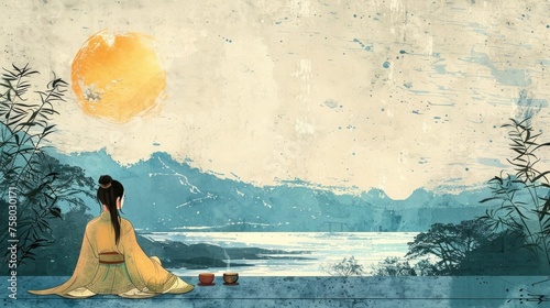 Chinese tea ceremony. Vintage poster. Traditional party. East retro illustration. Girl in a kimono drinks coffee art. Traditional asian beverage. Song Dynasty style, ancient china. Cultural heritage.