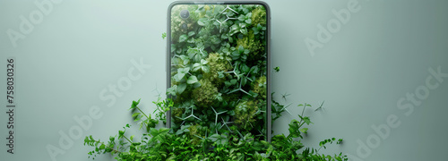 The phone is outgrowing green creepers that are protruding out of the screen.Green power concept photo