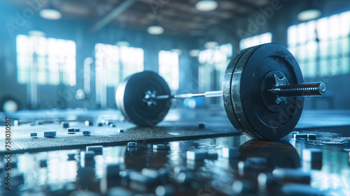 Render gym scene with barbell in focus and workout rig in soft backdrop
