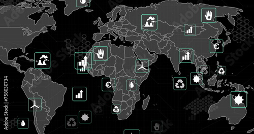 Image of eco icons and data processing over world map