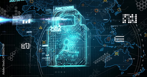 Image of online security padlock  markers and data processing over world map