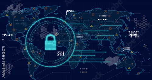Image of online security padlock, data processing and markers over world map