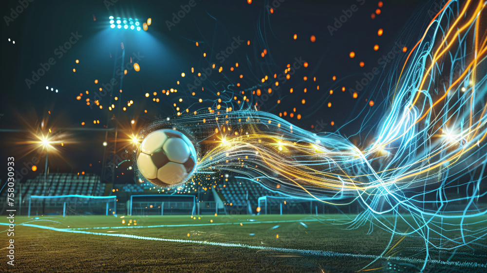 a soccer ball soaring through the air in a powerful kick, leaving a trail of light in its wake - obrazy, fototapety, plakaty 