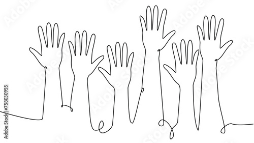 continuous single line drawing of a group of hands raised up. The concept of voting, elections