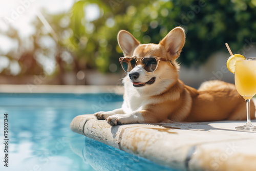 Corgi lying by the pool with a glass of lemonade. Summer vacation banner concept with copy space