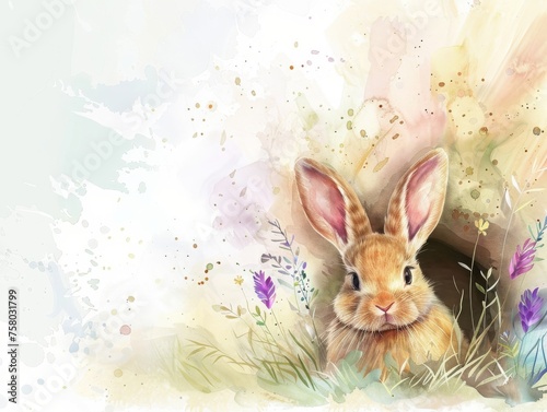 Cute and fluffy 3D rabbit in pastel watercolors peeking out of a dark hole