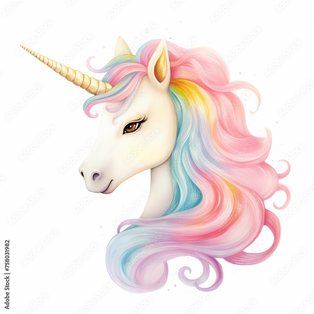 A whimsical unicorn with a rainbow mane and sparkly horn isolated background pastel A whimsical unicorn with a rainbow mane and sparkly horn isolated background pastel