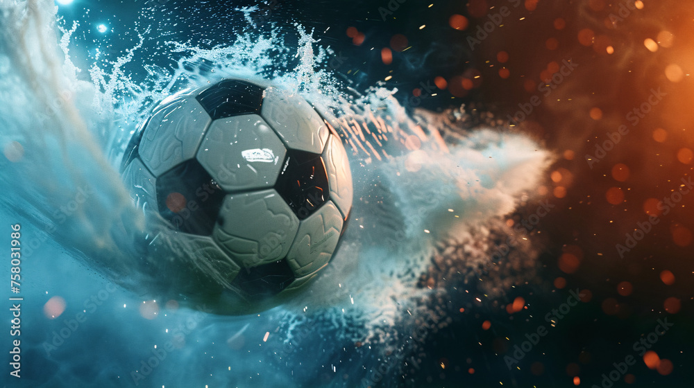 Fototapeta premium a soccer ball soaring through the air in a powerful kick, leaving a trail of light in its wake