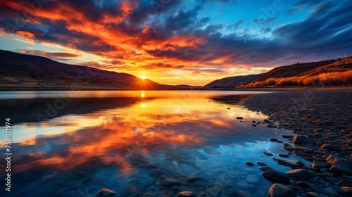 Tranquil mountain sunset vibrant sky reflected on serene lake in colorful evening hues