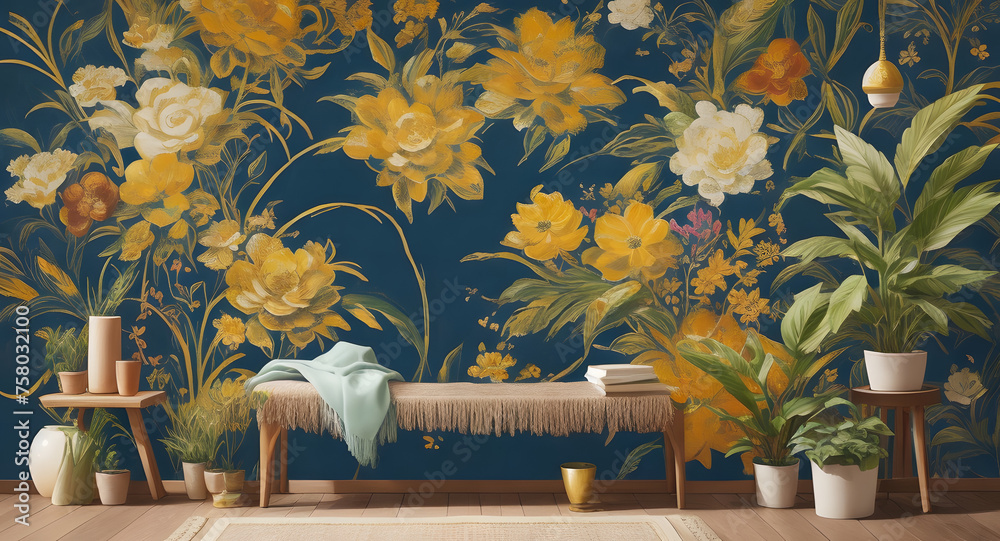 Yellow Brilliance: Bench by a Flower Wal - obrazy, fototapety, plakaty 