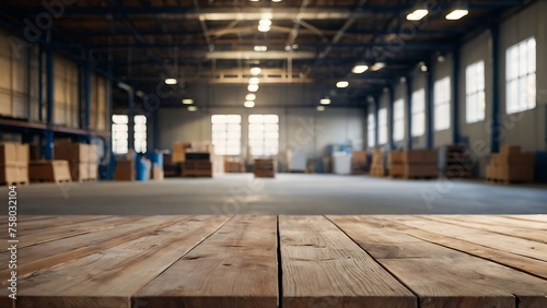 Empty wooden table with beautiful Warehouse background, Factory, photorealistic