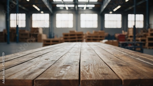 Empty wooden table with beautiful Warehouse background, Factory, photorealistic