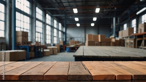 Empty wooden table with beautiful Warehouse background, Factory, photorealistic