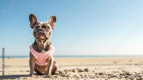 Cute French Bulldog wearing a pink shirt, posing on a sandy beach with the blue sky in the backdrop, evoking a fun vacation vibe © Radomir Jovanovic