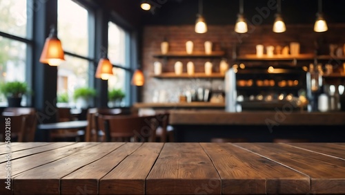 Empty wooden table with beautiful Café background, restaurant, photorealistic © VFX1988