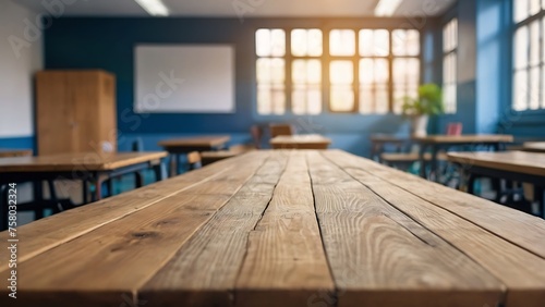 Empty wooden table with beautiful Classroom background, School, photorealistic © VFX1988