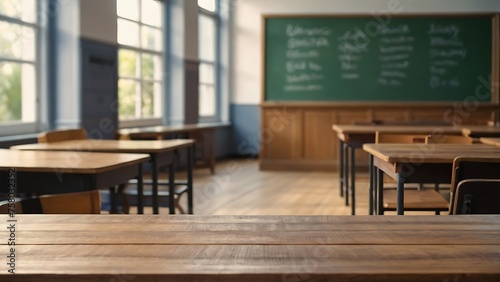 Empty wooden table with beautiful Classroom background  School  photorealistic