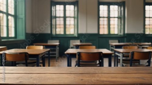 Empty wooden table with beautiful Classroom background, School, photorealistic