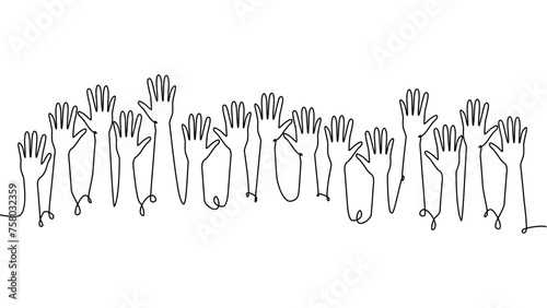 continuous single line drawing of a group of hands raised up. The concept of voting, elections
