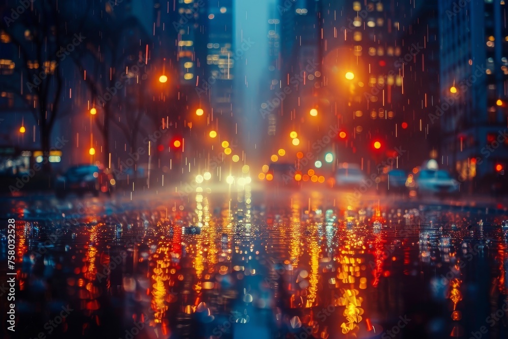 Artistic night shot of a city street reflecting neon signs and traffic lights on its shiny wet surface after rain
