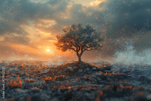 A single tree stands resilient amidst a dreamlike landscape with floating embers and a warm, enchanting sunset © Larisa AI