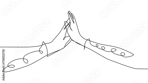 Continuous line of men giving high fives gesture hands to celebrate success. Business teamwork concept