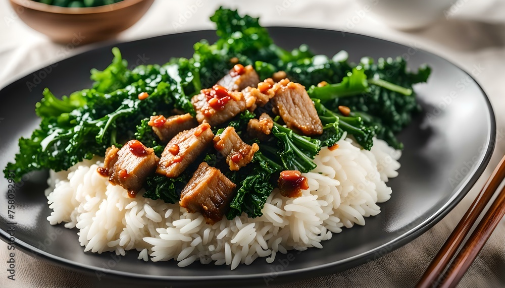 Stir fried kale with crispy pork in oyster sauce and rice on white plate
Stir fried kale with crispy pork in oyster sauce and rice on white plate