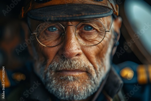 Detailed portrait of an elderly pilot wearing glasses and a leather cap, exuding wisdom and experience