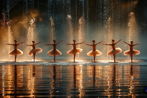 Stunning image capturing a twilight ballet performance with dancers reflected on the water's surface, creating a sense of tranquility and elegance