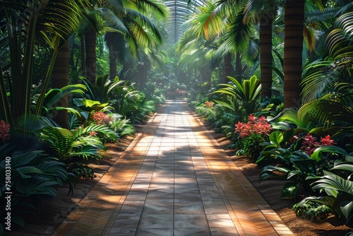 A serene, sunlit pathway leads through a vibrant greenhouse, filled with lush tropical plants and peaceful ambiance