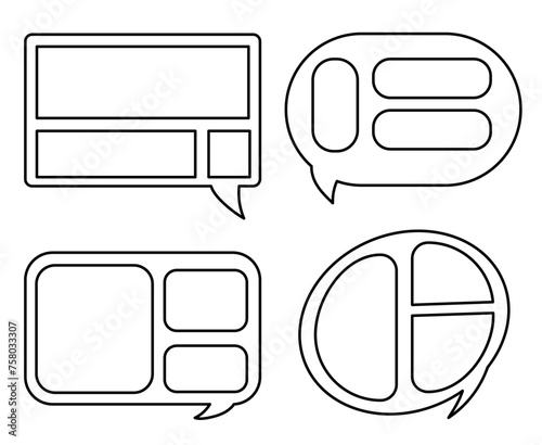 Black and white set of vector icons for text boxes. Round, square, rounded