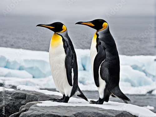 King Penguin  Aptenodytes patagonicus . contrast of its sleek black and white plumage  and the regal posture as it stands amidst the Antarctic landscape. Generative Ai.