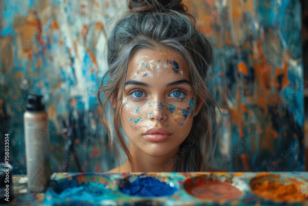 An artistic woman's portrait with vibrant paint splashes on her face and background