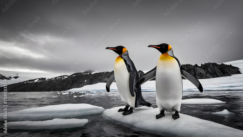 Obraz premium King Penguin (Aptenodytes patagonicus). contrast of its sleek black and white plumage, and the regal posture as it stands amidst the Antarctic landscape. Generative Ai.