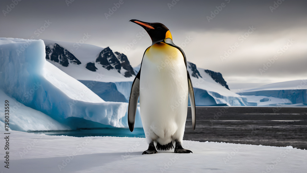 Fototapeta premium King Penguin (Aptenodytes patagonicus). contrast of its sleek black and white plumage, and the regal posture as it stands amidst the Antarctic landscape. Generative Ai.