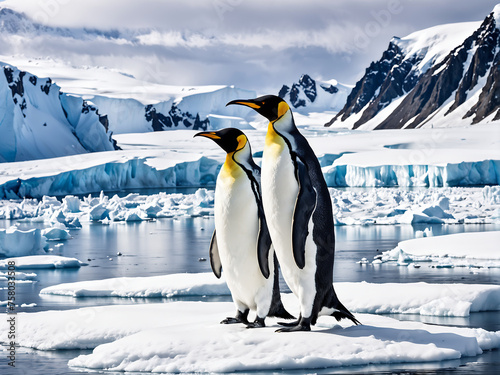 King Penguin  Aptenodytes patagonicus . contrast of its sleek black and white plumage  and the regal posture as it stands amidst the Antarctic landscape. Generative Ai.