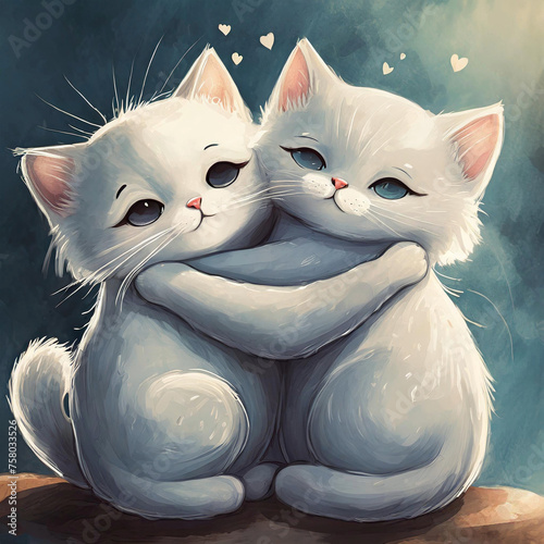 서로를 꼭 안아 주는 귀여운 하얀 고양이 두마리