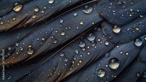 Raindrops Adorning Dark Feather Close-Up. Close-up image showing raindrops delicately adorning a dark, soft feather with intricate details.