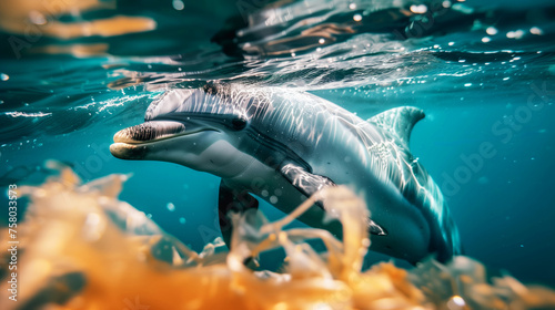 Dolphin swims among plastic trash in ocean. Protection and conservation of marine fauna and environment. Ocean pollution concept.Generative AI © Irina Ermakova