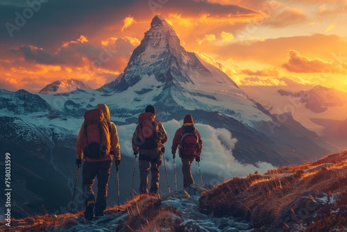 Three hikers approach the magnificent peak of an alpine mountain bathed in the warm glow of a fiery sunrise © Larisa AI