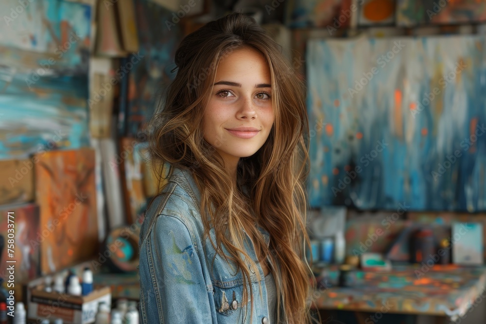 Smiling young artist standing in her studio surrounded by vibrant paintings