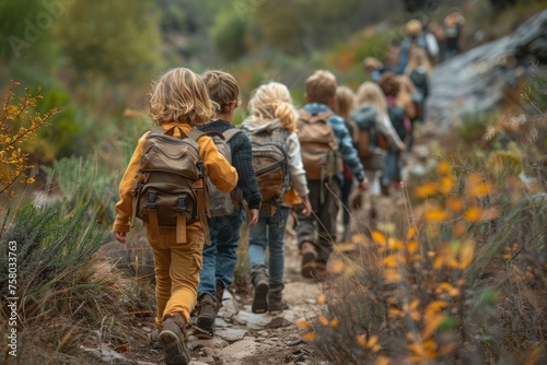 A group of kids with backpacks walking on a path amid greenery, representing adventure and teamwork