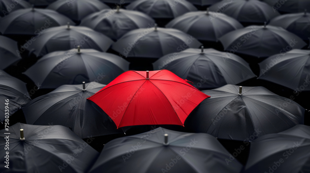 Bunch of black umbrellas with single red one Bunch of black umbrellas with single red one