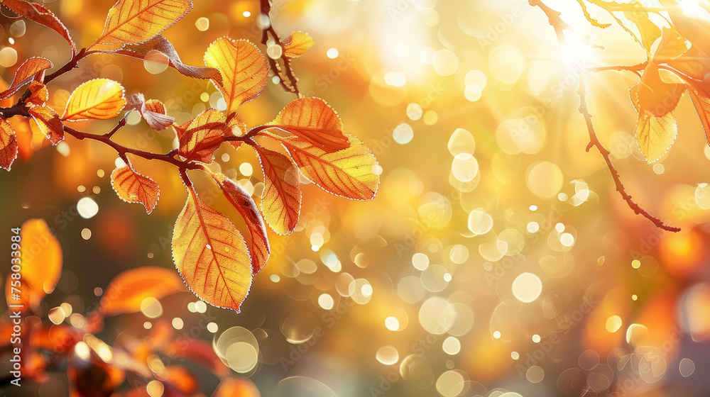 Abstract autumn nature background, with leaves on a branch, glowing sun and warm seasonal colors