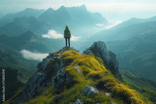 A lone hiker overlooks a majestic mountain landscape dotted with yellow wildflowers and shrouded in mist