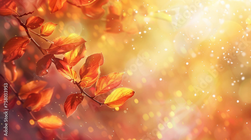 Abstract autumn nature background, with leaves on a branch, glowing sun and warm seasonal colors