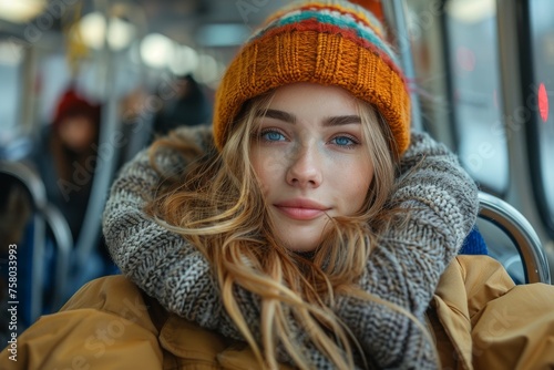 Young woman in winter attire with striped beanie looking away on a bus © Larisa AI