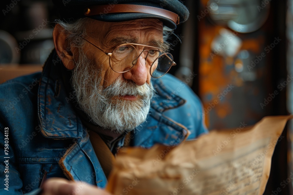 A senior man with a distinguished beard examines a paper intently inside an old-fashioned train compartment A senior man with a distinguished beard examines a paper intently inside an old-fashioned train compartment